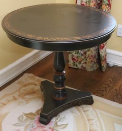 Traditional Round Side Table With A Crackle Finished Top And Floral Stenciled Detail Along The Edges