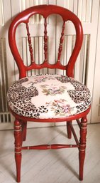Adorable French Style Side Chairs With Cinnabar Painted Finish, Caned Seats & Leopard Print Fabric Pillow