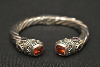 STERLING SILVER FANCY THICK HINGED OPEN BRACELET WITH CITRINE FINIALS/ OTHER SEMIPRECIOUS STONE GARNISHMENTS