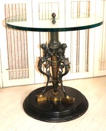 Neoclassical Style Side Table With Brass Caryatids Base, Marble & Glass Top