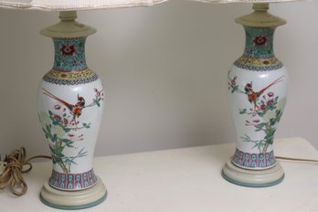Pair Of Vintage Chinese Vases As Lamps, Decorated With Flowers, Birds And Calligraphy.