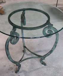Hollywood Regency Scrolled Wrought Iron Table With Green Patina And Glass Top