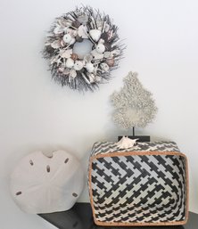 Fun Black-and-white Woven Basket Of Beach Decor With Wreath, Faux Coral And Faux Sand Dollar Vase.