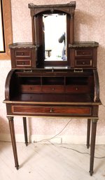 Diminutive Antique Ladies Writing Desk With Cylinder Top, Brass Mounts & Beveled Mirror