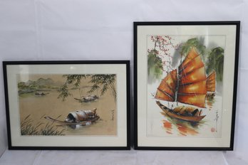 Two Vietnamese Paintings Of Boats On Silk And Paper With Signature And Stamp