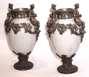 Pair Of Fancy Crackle Finished Porcelain 19th Century Style Garniture Vases With Ornate Bronze Finished Metal