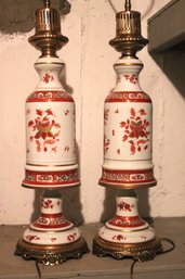 Pair Of Cinnamon White And Gold Tall Asian Lamps