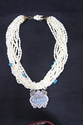 Vintage Multi Strand Freshwater Beaded Pearl Necklace With Turquoise Accents And Large Asian Pendant