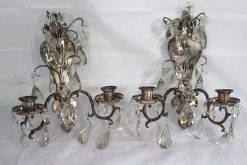 Pair Of Antique Style, Silver Plated Wall Sconces With Candleholders And Crystal  Prisms