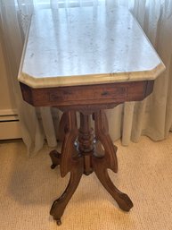 Victorian/ Eastlake Style Table With Carved Wood Legs And Marble Top