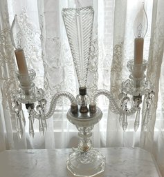 Vintage Louis XV Style Crystal Candelabra Lamp With Center Plume Feather