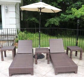 Two Restoration Hardware, Outdoor Wicker Chaise Lounges, 3 Side Tables And Adjustable Outdoor Umbrella.