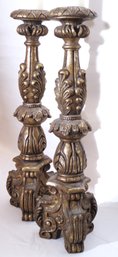 Pair Of Tall Fancy Italian Florentine Gilt Finished Candlestick Pillars Approx. 8 X 8 X 28 Inches