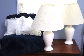 Pair Of Casual White Table Lamps With A Throw Blanket & Decorative Pillow