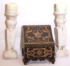 Home Decor Includes A Pair Of Decorative Cast Ceramic Candle Pillars, Includes A Decorative Stenciled Box