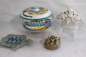 MCM Italian Ceramic Covered Fish Pot, French Cornucopia, Turtle And Artisanal  Covered Box