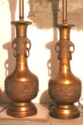 Pair Of Heavy Brass Metal Lamps With An Asian Feel