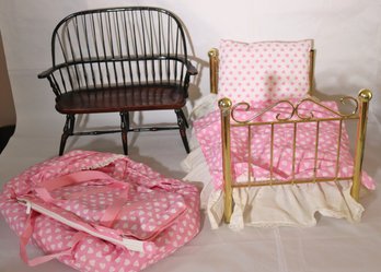 Doll Accessories Includes A Brass Finished Bed, Includes Lillian Vernon Pink Bassinet And Diaper Bag With He