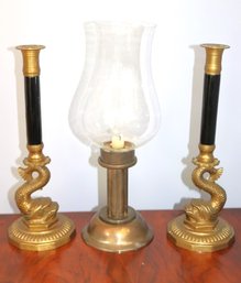 Pair Of Brass Serpent Like Candle Sticks & Hurricane Candle Holder