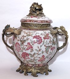 Large Cast Crackle Finished French Style Porcelain And Brass Finished Mounted Garniture Centerpiece Urn With L