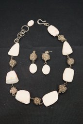 Sterling 925 Polished Pink Stone And Wire Necklace With Matching Dangle Earrings