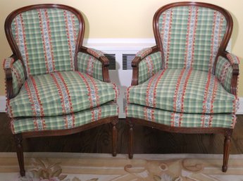 Pair Of French Louis XVI Bergere Style Chairs By Kravet Furniture In A Faded Mahogany Finish