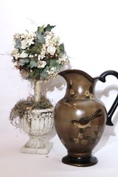 Large Decorative Painted Pitcher With Handle And Decorative Potpourri Style Decorative Faux Bush