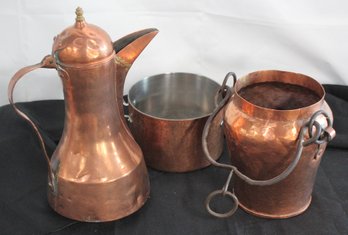 Lot Of Three Copper Items With Tall, Arabic Coffee Pot, Cooking Pot And Bucket