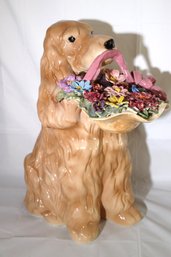 Large Merrymac 98 402/2500 Italian Ceramic Dog Sculpture With Flower Basket