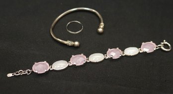 Sterling Silver Bracelet With Pink And Opaque Semi-precious Stone Inserts Including Sterling Cuff