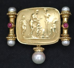18 KT Gold Fantastical Romanesque Scene Brooch Pin With Pearl And Carnelion Accents - Italy