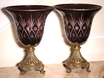 Pair Of Bohemian Style Etched Amethyst Glass Vases, Atop Elegant Brass Bases.