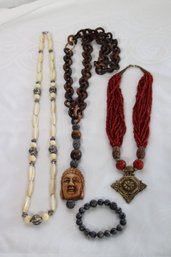 Three Vintage Ethnic Necklaces Made Of Coral, Wood And Bone And Stone Bead  Bracelets