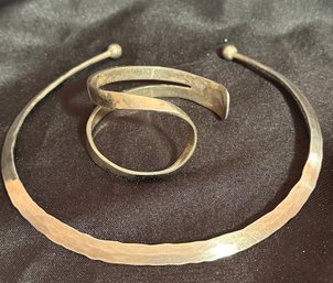 Sterling Silver 16 Inch Hand Hammered Open Choker Necklace Plus Lovely Open Bracelet