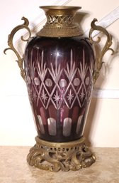 Bohemian Style Amethyst Glass Urn With Etched Detail And Brass Foliage Handles  And Base.