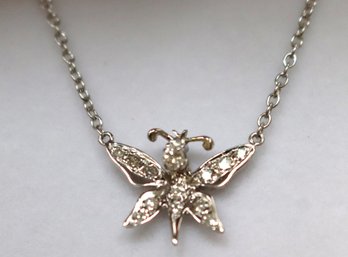 14K WG 15.75 Inch Fine Necklace With Fixed Butterfly Pendant / Diamond Accents