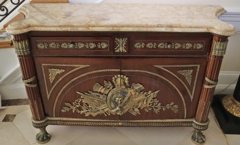 Ornate French Marble Top Commode With Elaborate Ormolu And Lion Head Door  Handles.