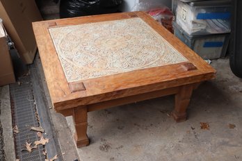 Unique Artisanal Coffee Table With Embossed Sandstone Top & Wood Frame Measures 35