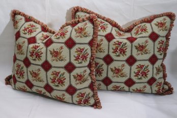Pretty Pair Of Floral Needlepoint Zipper Pillows With Floral Design