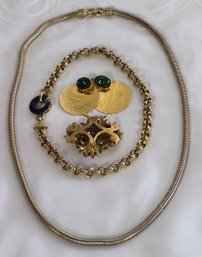 Les Bernard Earrings, Beredik Pin And 2 Gold Tone Necklaces