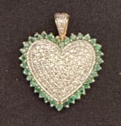 14K YG/WG Diamond Ave And Emerald Heart Pendant