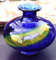 Seguso Murano Art Glass Vase With Blue Background And Swirls Of Yellow & Pink Made In Italy