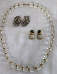 1950s Era Lucite Squares Necklace And 2 Costume Earrings