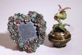 RJ. Graziano Heart Shaped Frame And Hummingbird Bejeweled Trinket Box