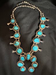 Sterling Silver And Turquoise Magnificent 24 Inch Squash Blossom Beaded Necklace
