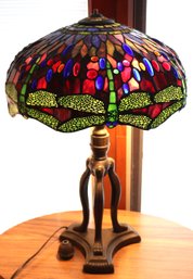 Slag Glass Table Lamp With Beautiful Colors Throughout & Dragonfly Pattern