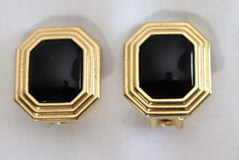 Christian Dior Octagonal Shape Gold Tone Clip Earrings With Black Center Stone