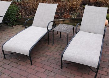 Set Of 2 Brown Jordan Outdoor Aluminum Lounge Chairs, Includes Ornate Wrought Aluminum Side Table