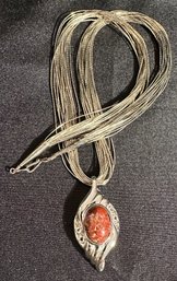 Sterling Silver Modern Style Jasper Pendant On Multistrand 24 Inch Sterling Wire Necklace