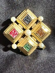 18K YG 4 Panel Brooch/Pendant With Pearl Garnishments-carved Semiprecious Colored Stone Inserts-Signed, Italy